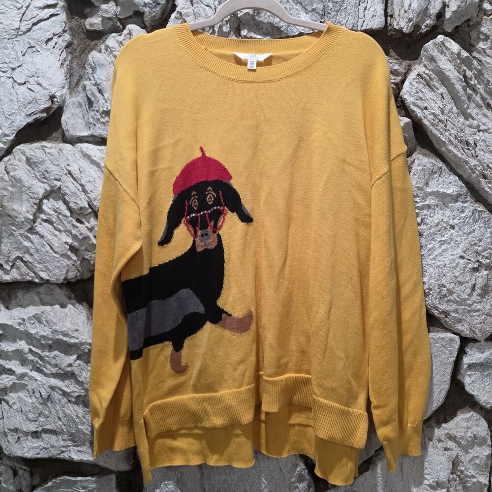 Dachshund Weiner Dog Women's XXL Sweater Rhinestone Glasses Yellow Time & Tru